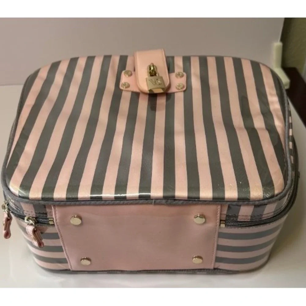 Victoria's Secret Pink Gray Striped Train Case Makeup Travel Bag Cosmetic Set
